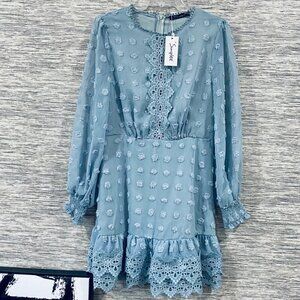 Simplee NWT Womens Light Blue Long-Sleeve Dress With Lace & Embroidered Details